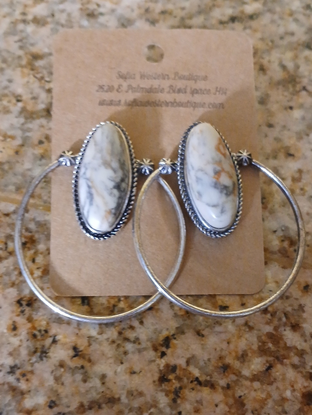 Silver Hoop Earrings with White Marbled Stone Accent